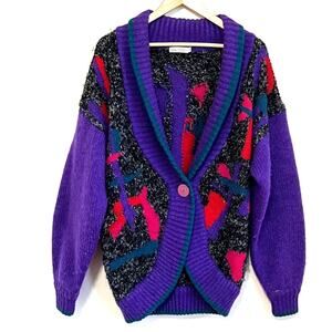 VTG Van Gogh Artsy Oversized Women Cardigan Sweater Size S Purple Wool 80s Shawl